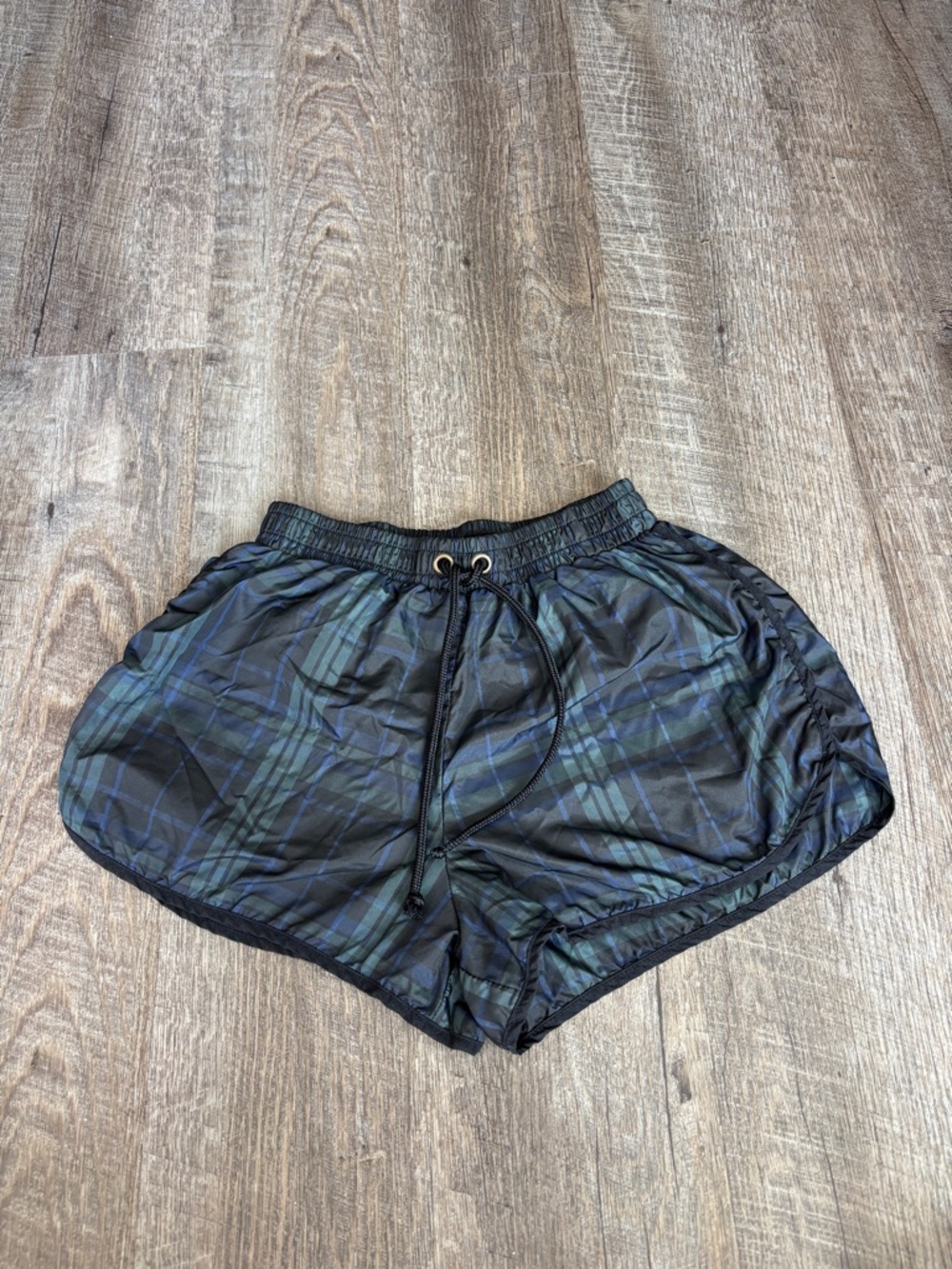 Black Plaid Athletic Shorts with Green/Blue Accents